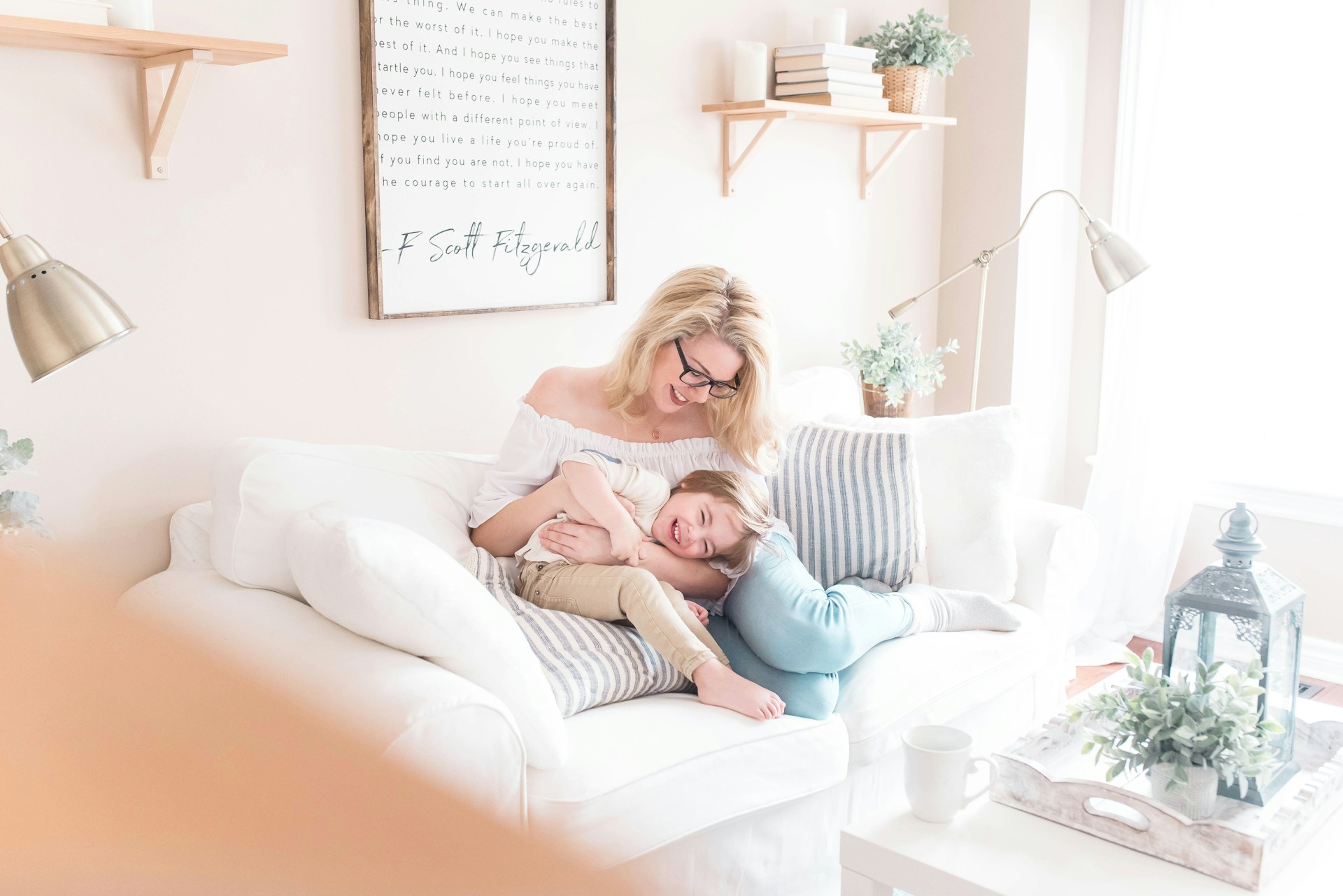 mother and child in living room